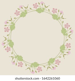 Isolated vector illustration. Round floral decor, frame or texture with wild flowers. Wreath of Geranium or Pelargonium blossom. Cranesbill plant.