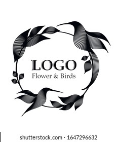  Ilustración vectorial aislada. Marco floral y de pájaros, 
plantilla de logotipo. Dibujo de Black Hand grabado con fondo blanco. Plantilla postal del día de boda