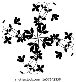 Isolated vector illustration. Round floral decor or mandala with branches of clematis flower. Black silhouette on white background.