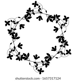Isolated vector illustration. Round floral decor or frame with branches of clematis flower. Black silhouette on white background.