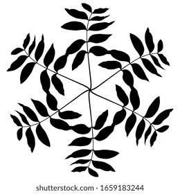 Vektorillustration einzeln. Runde Blumendekor oder Mandala aus Baumblättern. Schwarze Silhouette auf weißem Hintergrund.