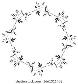 Ilustración vectorial aislada. Decoración redonda floral o marco. Correa de la planta de fumigación. Flor fumaria officinalis. El humo de la Tierra florece. Silueta negra sobre fondo blanco.
