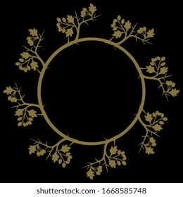 Isolated vector illustration. Round floral decor or frame with branches of hawthorn tree. Gold silhouette on black background.