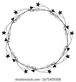 Isolated vector illustration. Round floral decor or frame. Wreath of bluebell flowers. Black silhouette on white background.