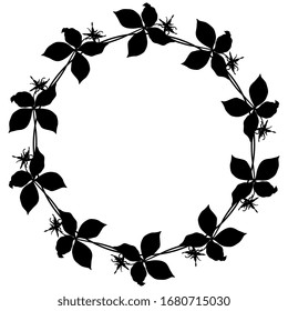 Isolated vector illustration. Round floral decor or frame. Wreath of Herb Paris plant. Paris quadrifolia. True lover's knot. Black silhouette on white background.