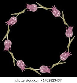  Vektorillustration einzeln. Runde Blumendekoration. Kranz aus rosafarbenen Tulpen.