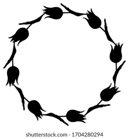  Vektorillustration einzeln. Runde Blumendekoration. Kranz aus Tulpenblumen. Schwarze Silhouette auf weißem Hintergrund.