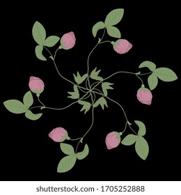 Ilustración vectorial aislada. Decoración floral redonda. Mandala con ramas de rosa.