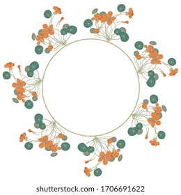 Isolated vector illustration. Round floral frame. Wreath of nasturtium flowers.