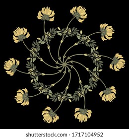 Isolated vector illustration. Round floral decorative shape. Mandala with branches of yellow meadow vetch flowers. Phaca australis. 