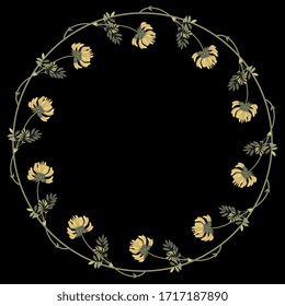 Isolated vector illustration. Round floral frame. Wreath of of wildflowers. Yellow vetch. Phaca australis. 