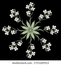Isolated vector illustration. Round floral decor. Star made of Hesperis Alba flower branches. Dame's Rocket. Sweet Rocket.