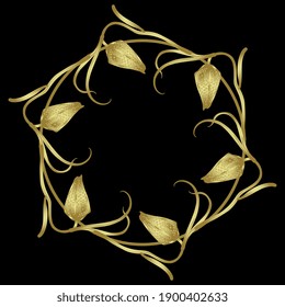 Isolated vector illustration. Round floral decor or frame. Wreath of fritillaria flowers. Glossy golden silhouette on black background.