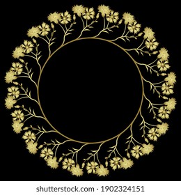 Ilustración vectorial aislada. Forma o marco floral redondo con ramas de flor de maíz. Silueta dorada y brillante sobre fondo negro.