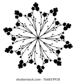 Isolated vector illustration. Round floral element made of buttercup plants. Black silhouette on white background.