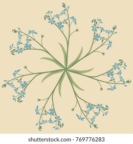 Isolated vector illustration. Round floral star made of forget-me-not plants. Cute botanical motif.
