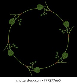 Isolated vector illustration. Round floral frame with alder boughs. On black background.