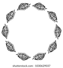 Isolated vector illustration. Round frame made of cocoa bean pods. Based on hand drawn ink sketch. Black silhouette on white background.