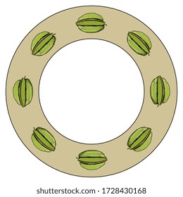 Isolated vector illustration. Round frame, decor or texture with Carambola or Star Fruit. Averrhoa carambola. Birambi.