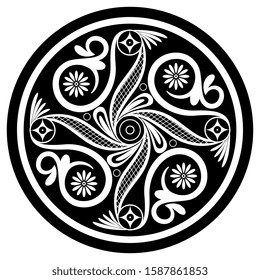 Isolated vector illustration. Round geometrical decor in folk style. Ancient Greek Minoan motifs. Pottery mandala. Black and white silhouette.