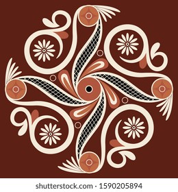 Isolated vector illustration. Round geometrical decor in folk style. Ancient Greek Minoan motifs. Pottery spiral mandala.