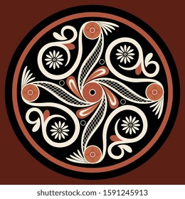 Isolated vector illustration. Round geometrical decor in folk style. Ancient Greek Minoan motifs. Pottery spiral mandala.