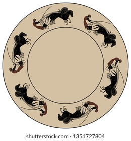 Isolated vector illustration. Round monochrome decor, frame or texture with ancient Greek motifs. Chariot with a charioteer and horses. Vase painting style.
