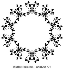 Isolated vector illustration. Round ornate frame with vintage floral motifs. Black silhouette on white background.