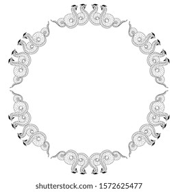 Isolated vector illustration. Round vintage decor or frame with silhouettes of fantastic snakes or dragons. Ancient Greek vase painting motif. Black and white linear silhouette.