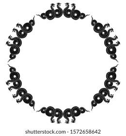 Isolated vector illustration. Round vintage decor or frame with silhouettes of fantastic snakes or dragons. Ancient Greek vase painting motif. Black and white silhouette.