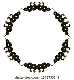 Isolated vector illustration. Round vintage decor or frame with silhouettes of fantastic snakes or dragons. Ancient Greek vase painting motif.