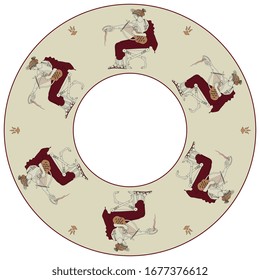 Isolated vector illustration. Round vintage decor, frame or texture silhouettes of ancient Greek god Apollo. Vase painting pottery style.
