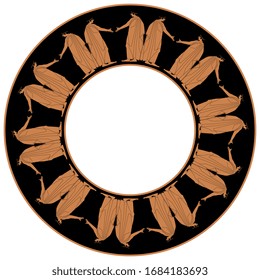 Isolated vector illustration. Round vintage decor< frame or texture with silhouettes of ancient Greek young men. Vase painting pottery style.