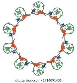 Isolated vector illustration. Round vintage frame with floral motifs. Medieval Gothic style. Illuminated manuscript vignette.