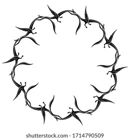 Isolated vector illustration. Round vintage frame with fantastic medieval dragons. Gothic illuminated manuscript motif. Black and white silhouette.