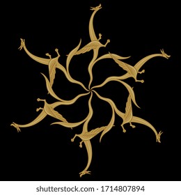 Isolated vector illustration. Round vintage decor with fantastic medieval dragons. Gothic illuminated manuscript character. Animal star shape.