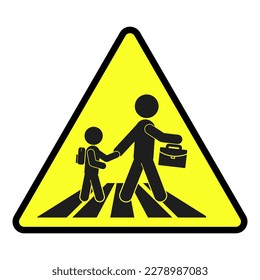 Isolated vector illustration of round yellow black triangle sign man or father hold his son or child hand while walking with briefcase and backpack, a pedestrian crossing