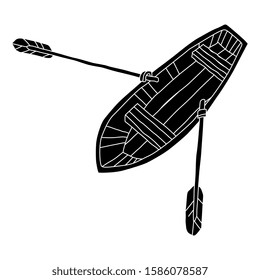 Isolated vector illustration. Rowing boat with two paddles. Top view. Black and white silhouette.