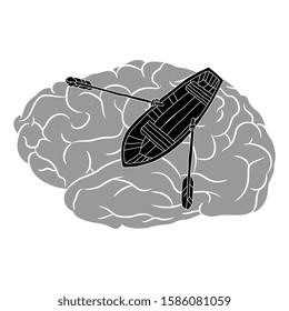 Isolated vector illustration. Rowing boat with two paddles floating in human brains. Monochrome silhouette. Creative concept for inner travel and self research.