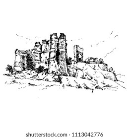 Isolated vector illustration of a ruined medieval castle. Château Champtocé in France. (Castle of Gilles de Rais). Hand drawn linear black ink sketch.
