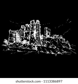Isolated vector illustration of a ruined medieval castle. Château Champtocé in France. (Castle of Gilles de Rais). Hand drawn linear sketch. White silhouette on black background.