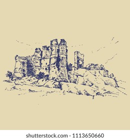 Isolated vector illustration of a ruined medieval castle. Château Champtocé in France. (Castle of baron Gilles de Rais). Hand drawn linear pen sketch.