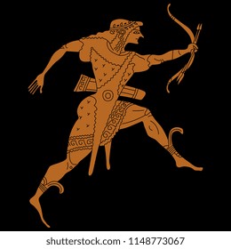 Isolated vector illustration. Running ancient Greek god Apollo with bow and arrows. Cartoon style. Based on antique vase painting motif. 