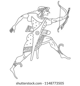 Isolated vector illustration. Running ancient Greek god Apollo with bow and arrows. Black and white linear silhouette.