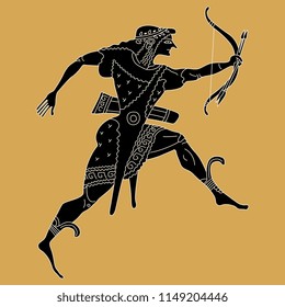 Isolated vector illustration. Running ancient Greek god Apollo with bow and arrows. Cartoon style. Based on antique vase painting motif. 