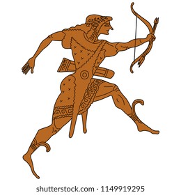 Isolated vector illustration. Running ancient Greek god Apollo with bow and arrows. Cartoon style. Based on antique vase painting motif. 