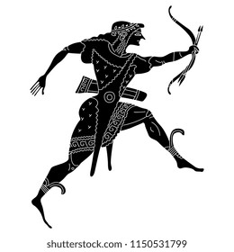 Isolated vector illustration. Running ancient Greek god Apollo with bow and arrows. Black and white linear silhouette.