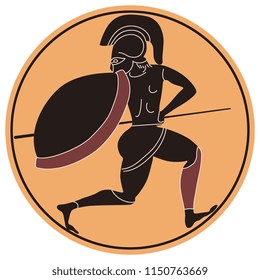 Isolated vector illustration. Running ancient Greek warrior with a spear and shield in a circle. Based on vase painting motif.