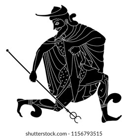 Isolated vector illustration. Running ancient Greek god Hermes. Based on vase painting motif. Hand drawn linear sketch. Black and white silhouette.