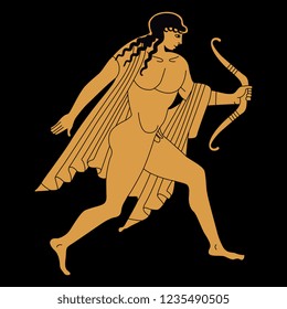 Isolated vector illustration. Running ancient Greek god Apollo with a bow. Vintage vase painting motif. Cartoon style. On black background.